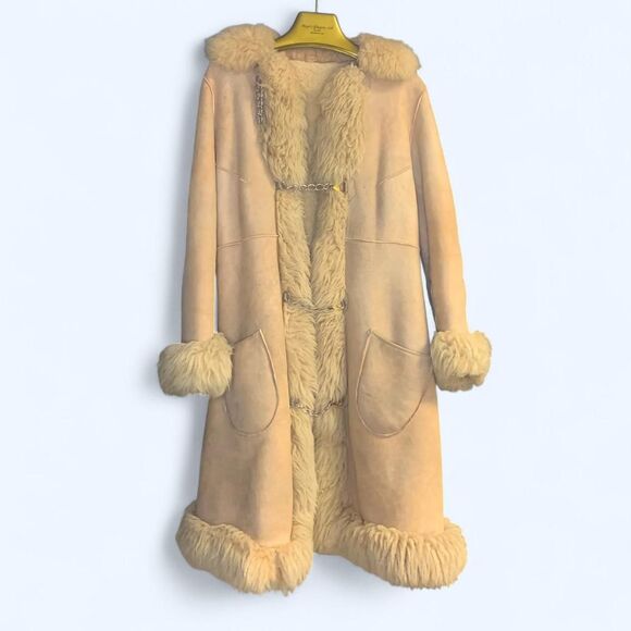 Jackets & Blazers - Vtg Long Coat Penny Lane Style Coat Faux Fur Trim Chain Latch Closure Sz Large